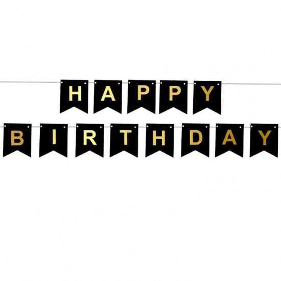 Banner "Happy Birthday" μαύρο με χρυσά γράμματα XL