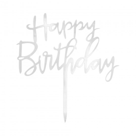 Διακοσμητικό Τούρτας Happy Birthday Ασημί plexi glass