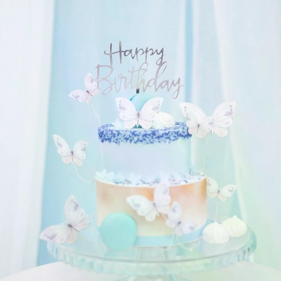 Διακοσμητικό Τούρτας Happy Birthday Ασημί plexi glass