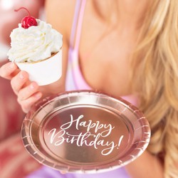 Πιάτα χάρτινα Happy Birthday-rose gold 18εκ.