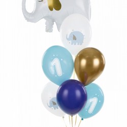Mπαλόνια Πρώτα Γενέθλια με Ελεφαντάκι λευκά/γαλάζια/χρυσό/μπλέ - 6τμχ