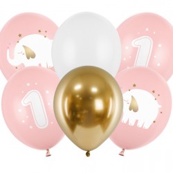Mπαλόνια Πρώτα Γενέθλια με Ελεφαντάκι λευκά/ροζ/χρυσά - 6τμχ